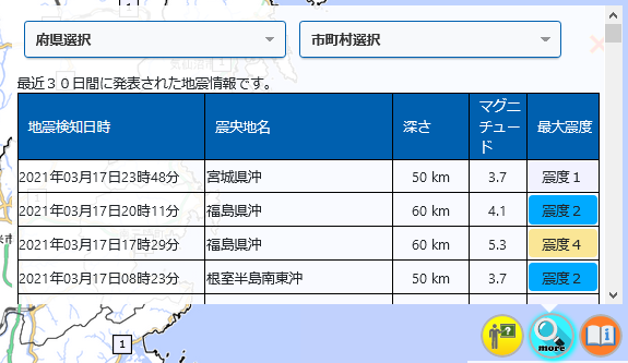 虫眼鏡（more）ボタンをクリックした後の、直近30日間に発表された地震情報の一覧です。