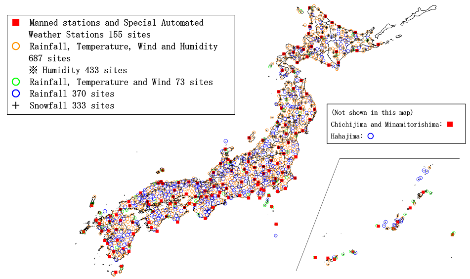 AMeDAS observation network (as of 1 April 2024)