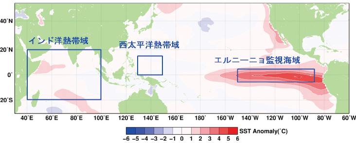 図。エルニーニョ現象等監視海域およびエルニーニョ現象時の海面水温平年差