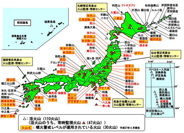 図。全国110の活火山と47の常時観測火山