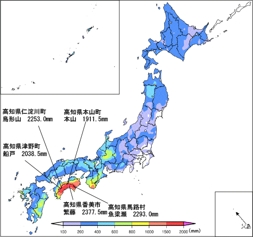 図。平成26年7月30日から8月26日までの総降水量分布