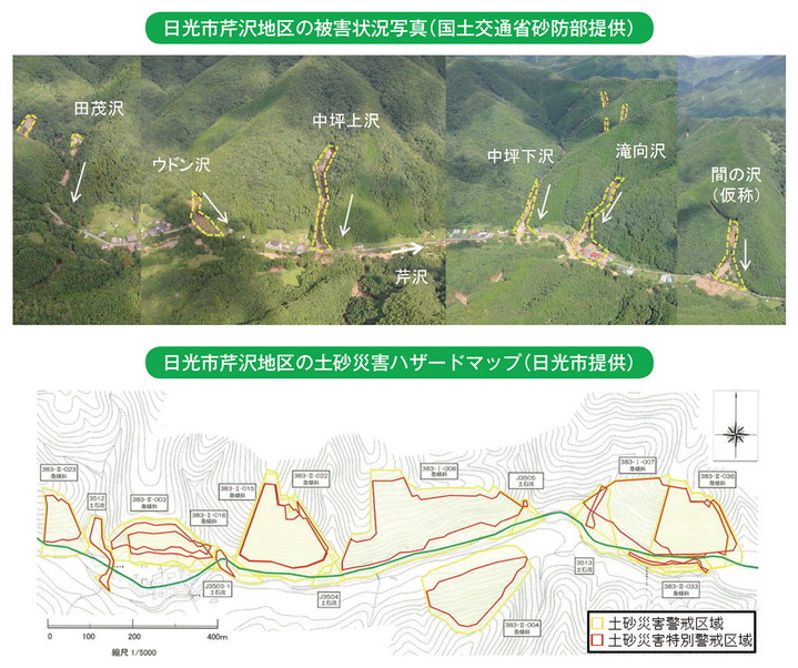 日光市芹沢地区の被害状況写真（国土交通省砂防部提供）