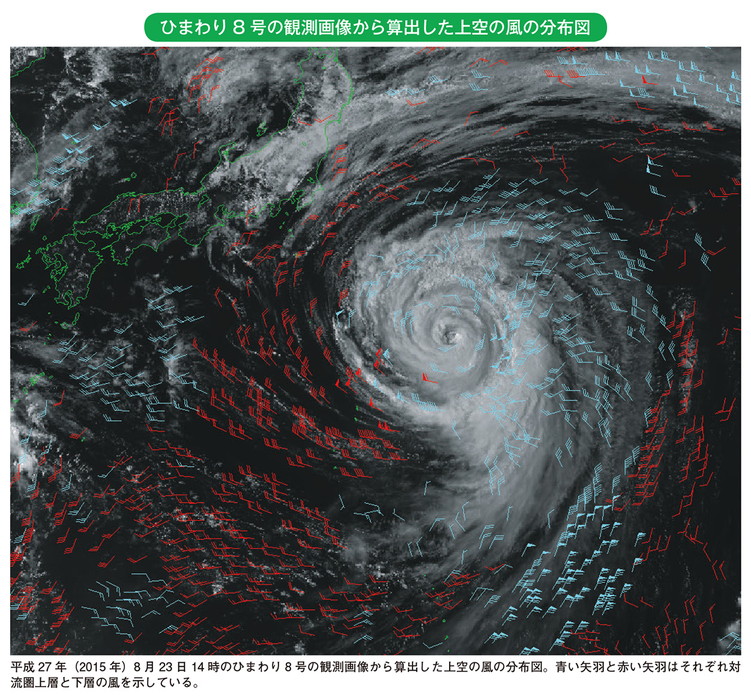 ひまわり8号の観測画像から算出した上空の風の分布図