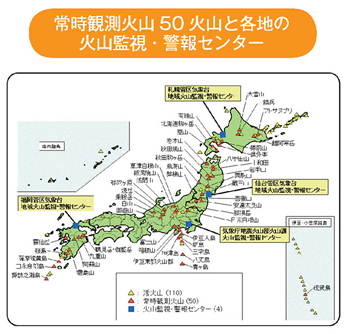 常時観測火山50火山と各地の火山監視・警報センター