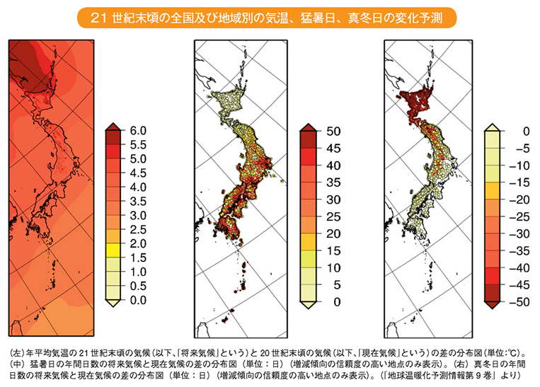 21世紀末頃の全国及び地域別の気温、猛暑日、真冬日の変化予測