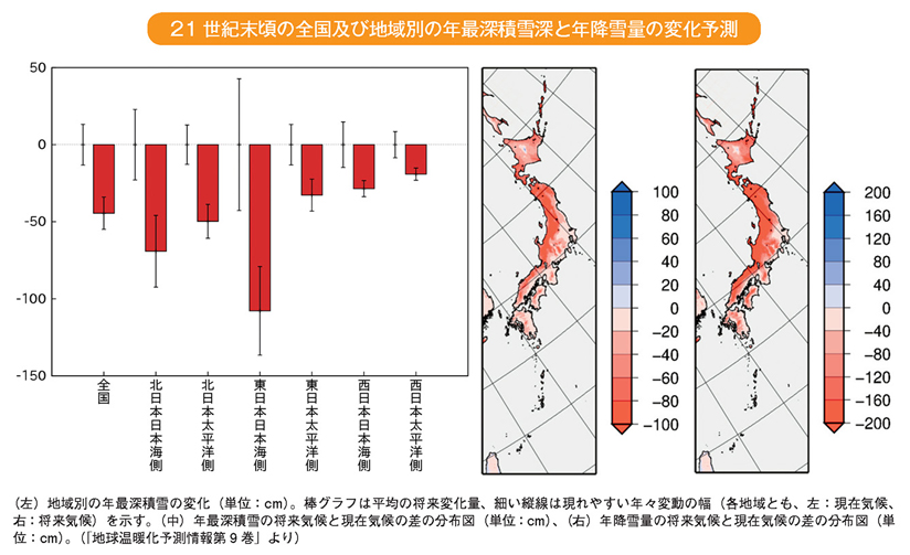 21世紀末頃の全国及び地域別の年最深積雪深と年降雪量の変化予測