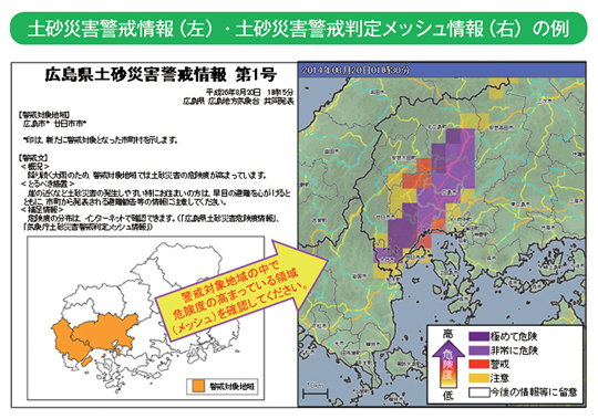 土砂災害警戒情報（左）･土砂災害警戒判定メッシュ情報（右）の例