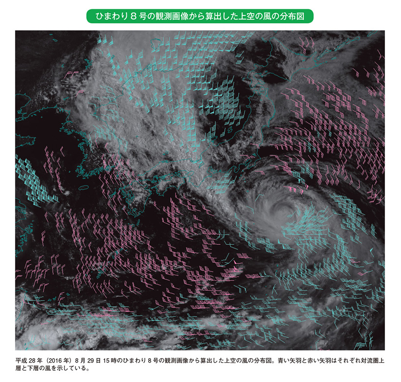 ひまわり8号の観測画像から算出した上空の風の分布図