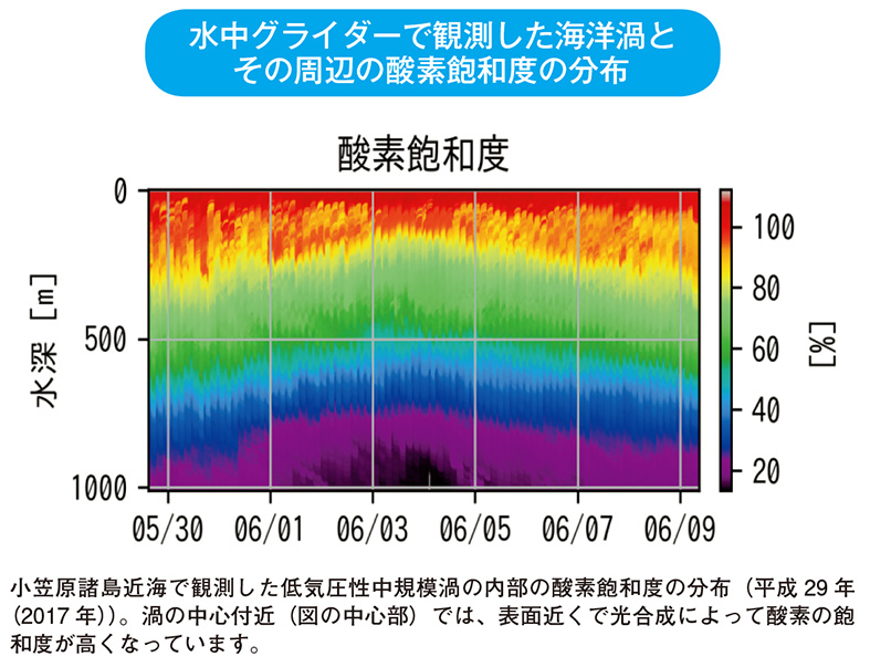 水中グライダーで観測した海洋渦とその周辺の酸素飽和度の分布