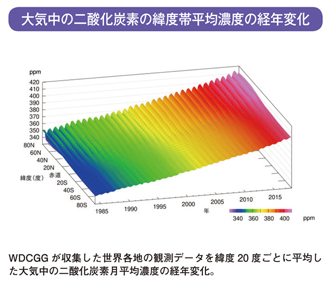 大気中の二酸化炭素の緯度帯平均濃度の経年変化