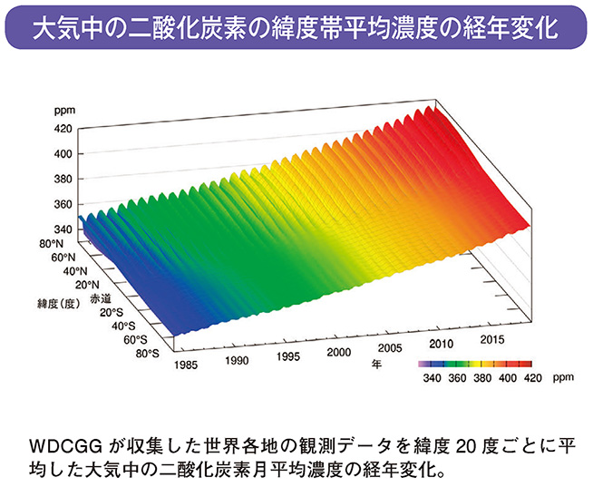 大気中の二酸化炭素の緯度帯平均濃度の経年変化