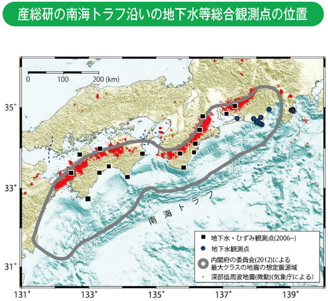 産総研の南海トラフ沿いの地下水等総合観測点の位置