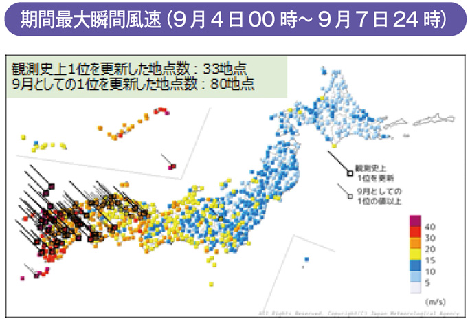 期間最大瞬間風速（9月4日00時～9月7日24時）