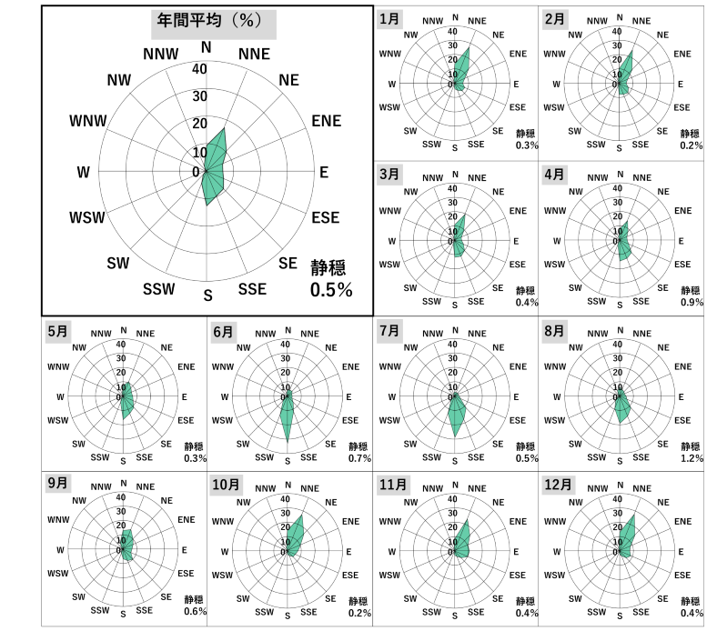 与那国島の2013年の年間と月ごとの風配図