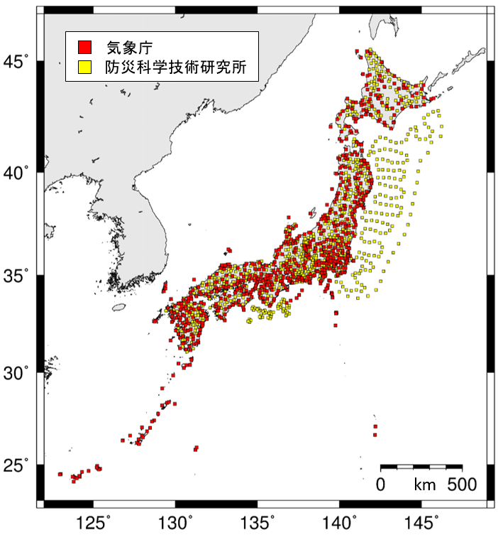 緊急地震速報に活用している観測点の配置図