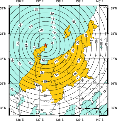 緊急地震速報（警報）発表地域（2023年5月5日14時42分）