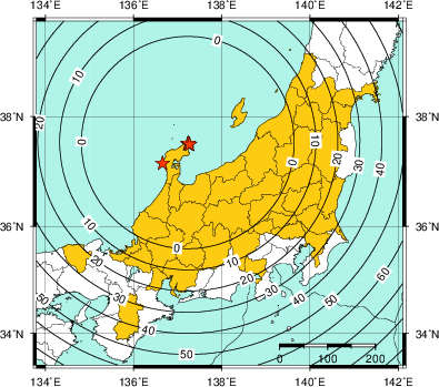 緊急地震速報（警報）発表地域（2024年1月1日16時10分）