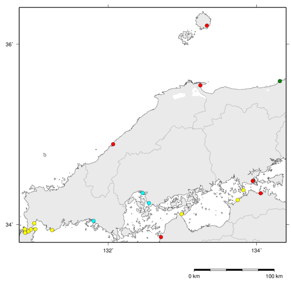 中国地方の津波観測点の地図