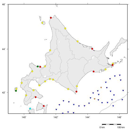 北海道の津波観測点の地図