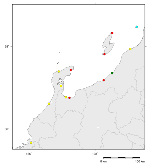 北陸地方の津波観測点の地図