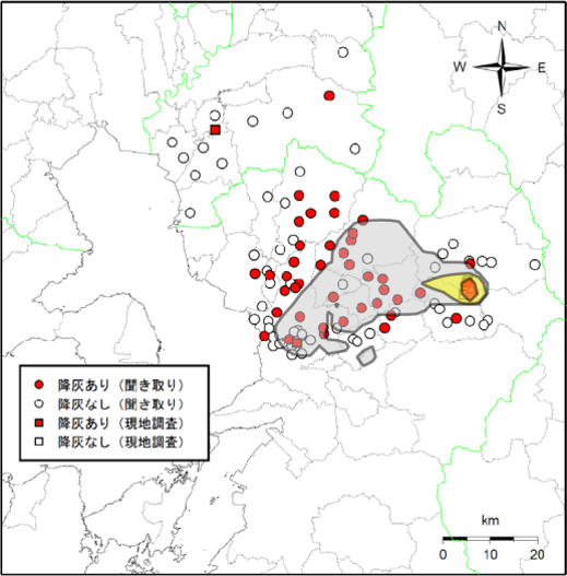 降灰の状況と降灰予報の図