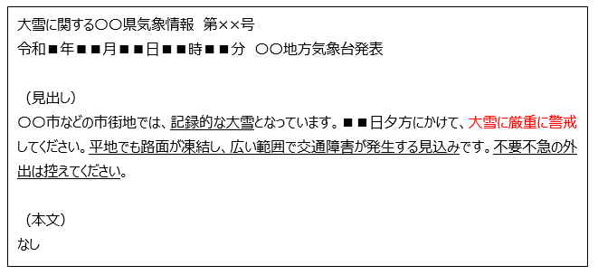 普段、雪の少ない地域での大雪に関する気象情報のイメージ