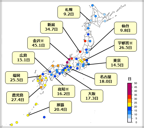 年間雷日数の平年値