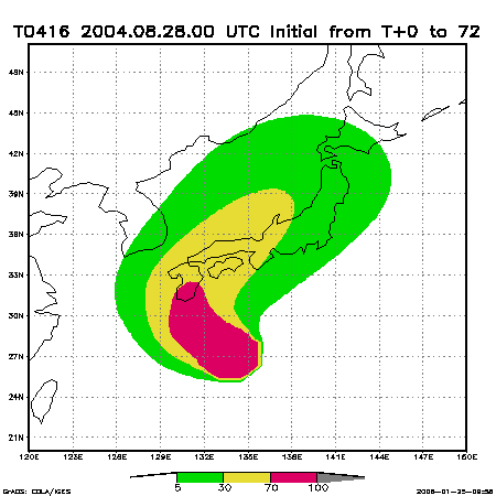 72時間先までに暴風域に入る確率分布図