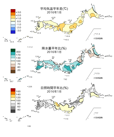 2016年1月の平均気温・降水量・日照時間の平年差比図