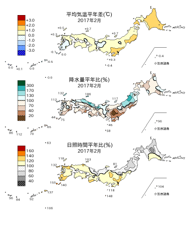 2017年2月の平均気温・降水量・日照時間の平年差比図