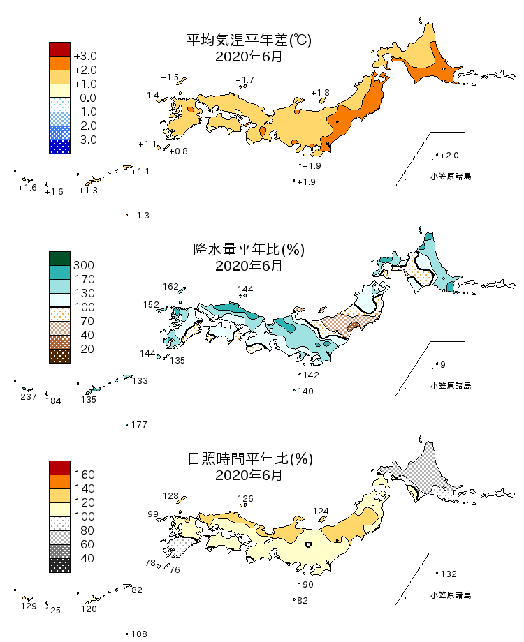 2020年6月の平均気温・降水量・日照時間の平年差比図