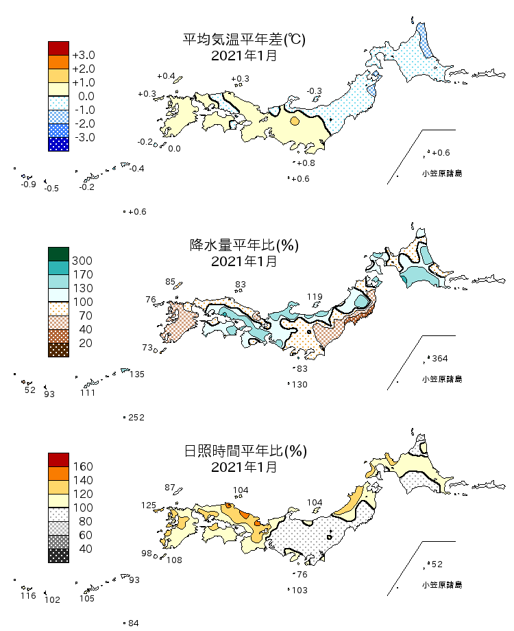 2021年1月の平均気温・降水量・日照時間の平年差比図