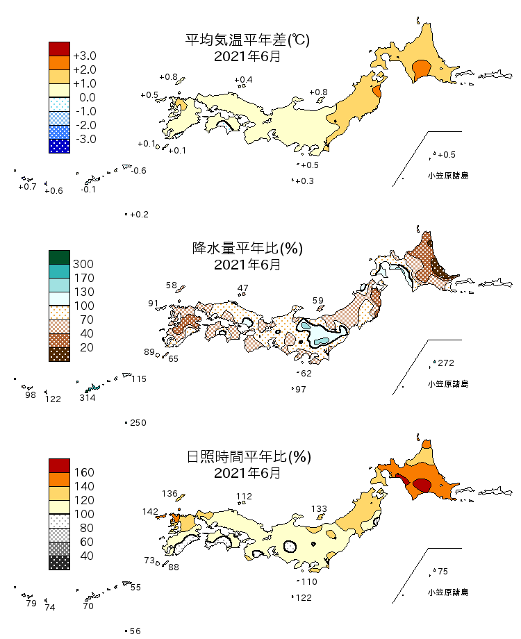 2021年6月の平均気温・降水量・日照時間の平年差比図